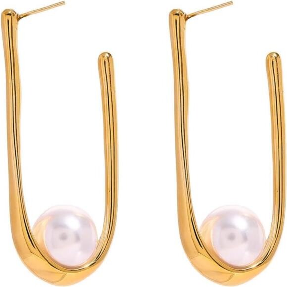 Gold Irregular Pearl Drop Earrings – Punk Geometric Statement Dangle Earrings - Picture 5 of 6